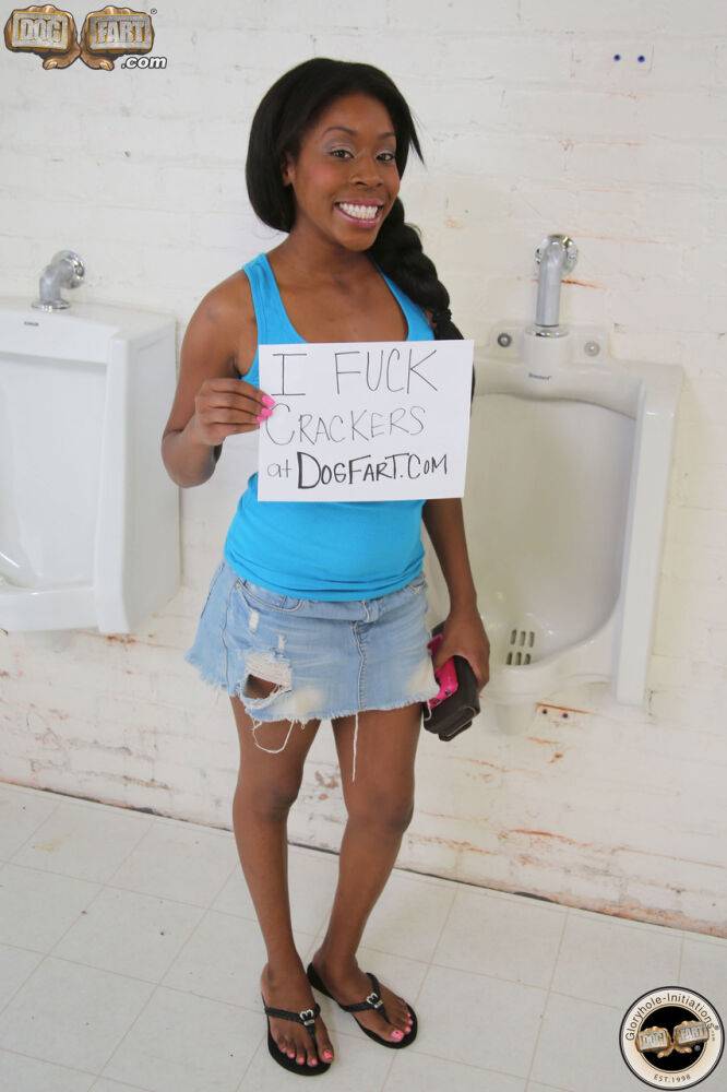 Black girl Brie Simone has sex with a white penis via a bathroom gloryhole - #1