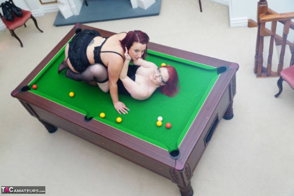 Amateur chicks get ready for their first lesbian kiss on a pool table - #15