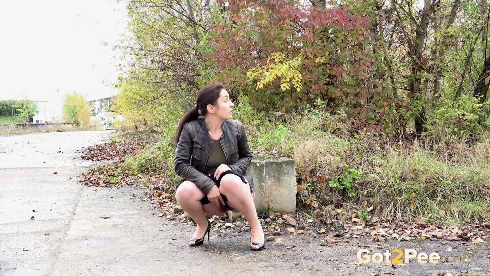Shameless MILF Corin with a hairy snatch squats in public and takes a piss - #13