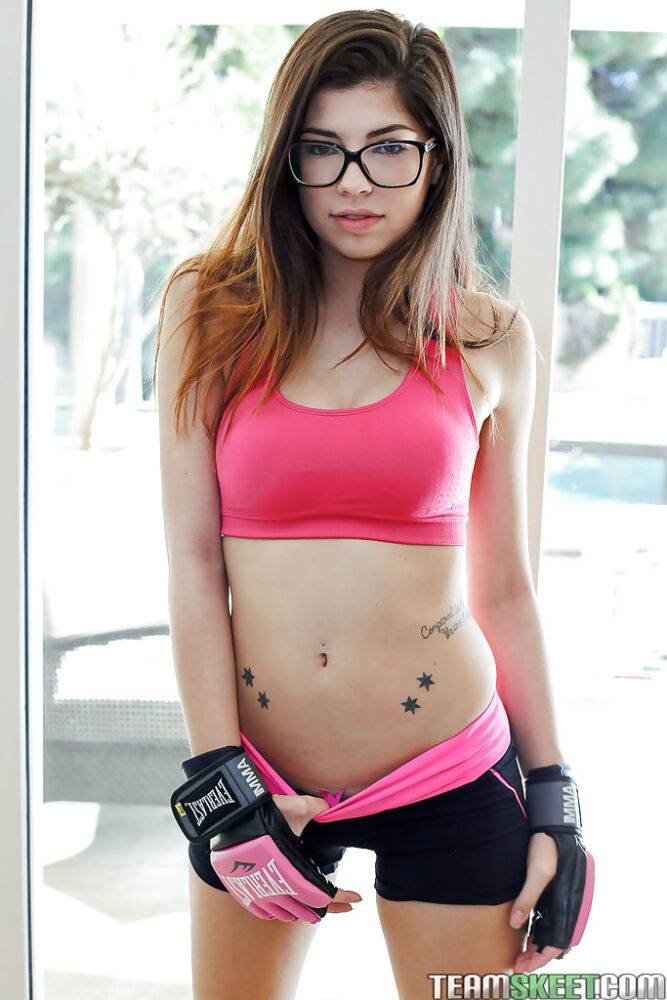 Babe in glasses Ava Taylor shows her sporty shame on camera! - #8