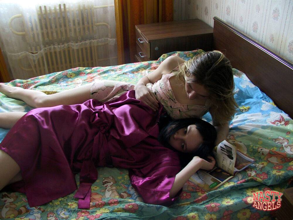 Naughty amateur teens Alina & Marina cuddle in bed after taking a shower - #2