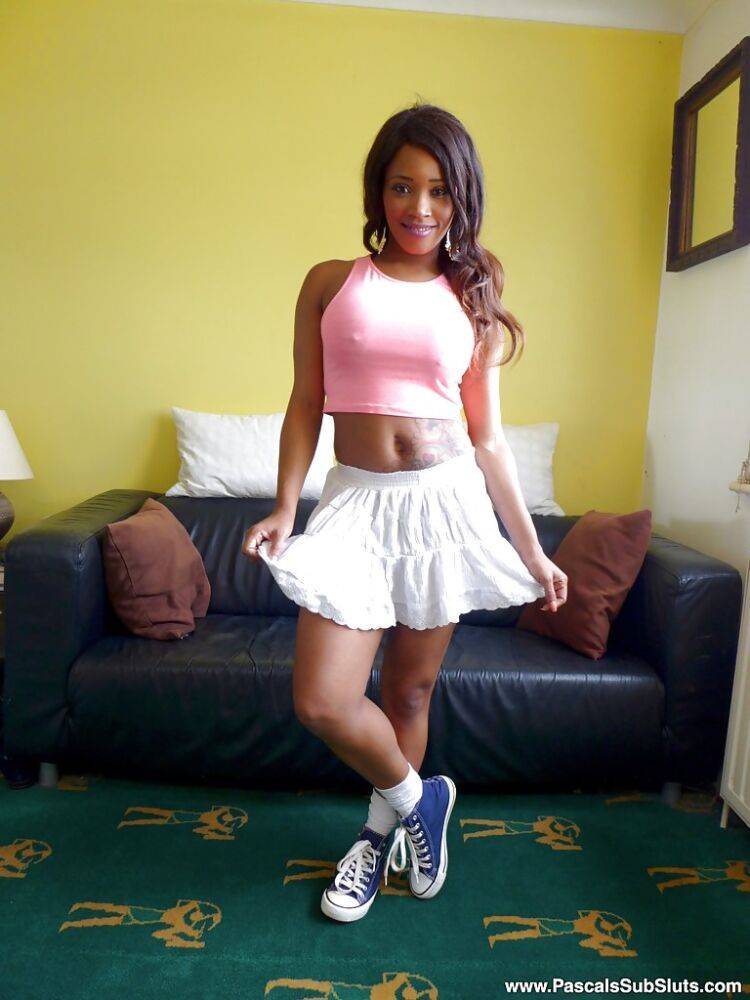 Amateur black MILF Kiki Minaj exposing big natural tits in skirt and socks - #5