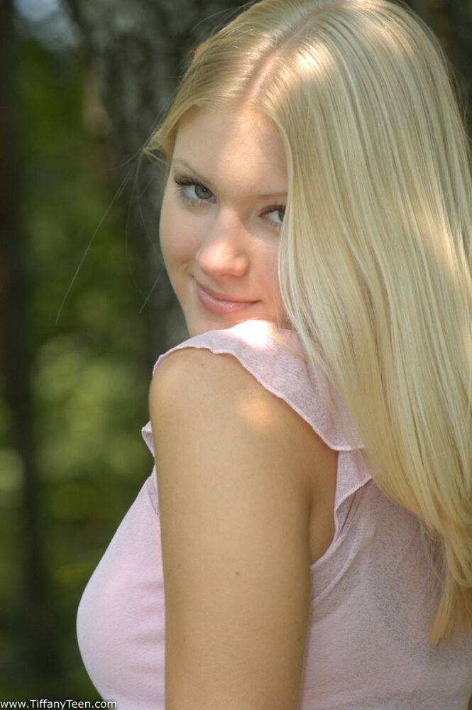 Charming blonde teen Tiffany hikes skirt over cotton panties in the forest - #1