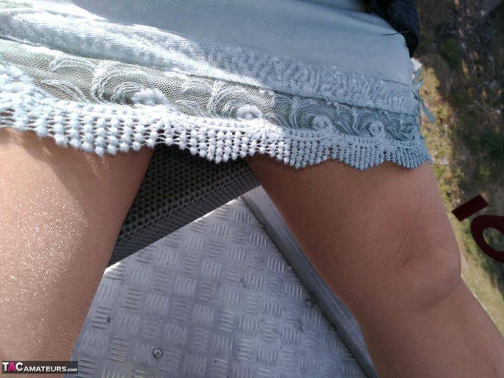 Far grandmother Caro flashes pubic hairs that escape her upskirt underwear - #9