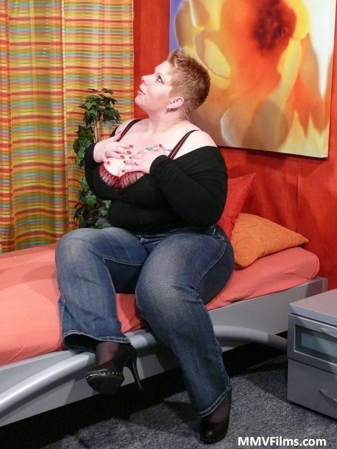 Big fatty Lucie unveils big pierced nipples & tugs cum onto her massive juggs - #3