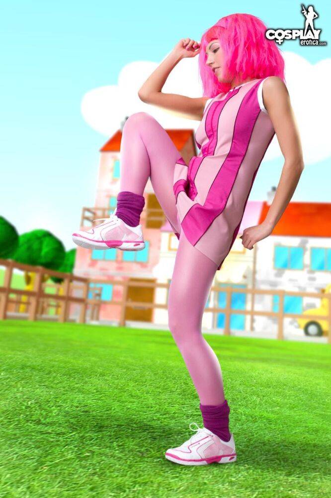 Adorable girl with pink hair Lazy Town exposes her nice body on a lawn - #3