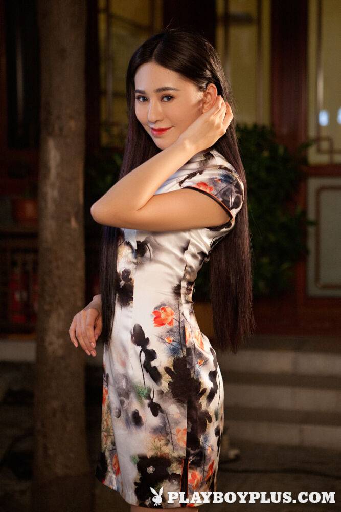 Brunette Asian girl Wu Muxi strips short dress to model nice ass & tits naked - #3
