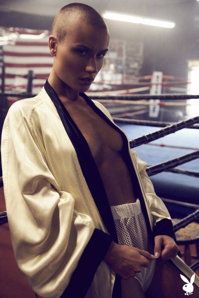 Athletic woman Vendela models semi-nude in boxing attire with a sweat on - #12