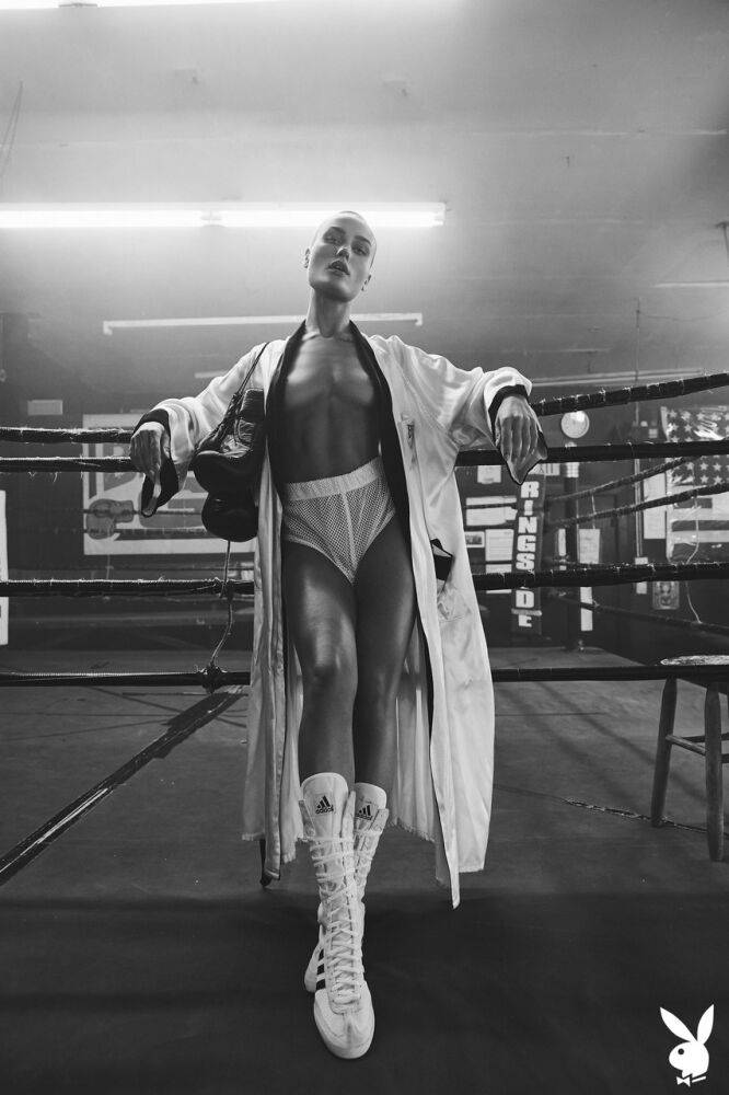 Athletic woman Vendela models semi-nude in boxing attire with a sweat on - #10