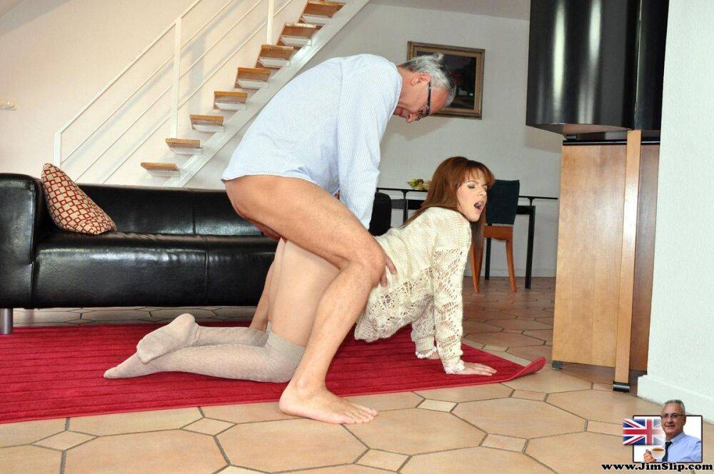 Natural redhead in over the knees socks lets an old man fuck her tight pussy - #11