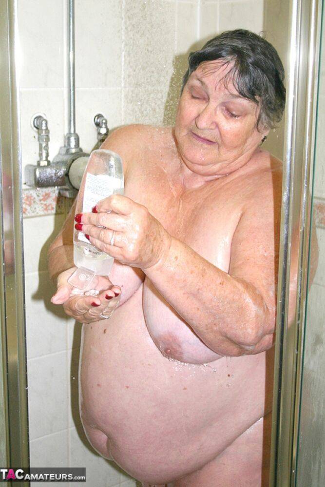 Obese granny Grandma Libby fondles her naked body while taking a shower - #5