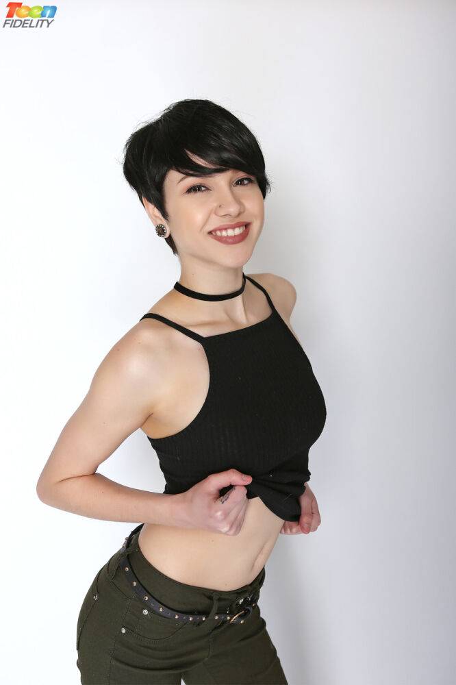 Short haired hot girl Cadey Mercury unveils her tiny tits in solo stirptease - #4