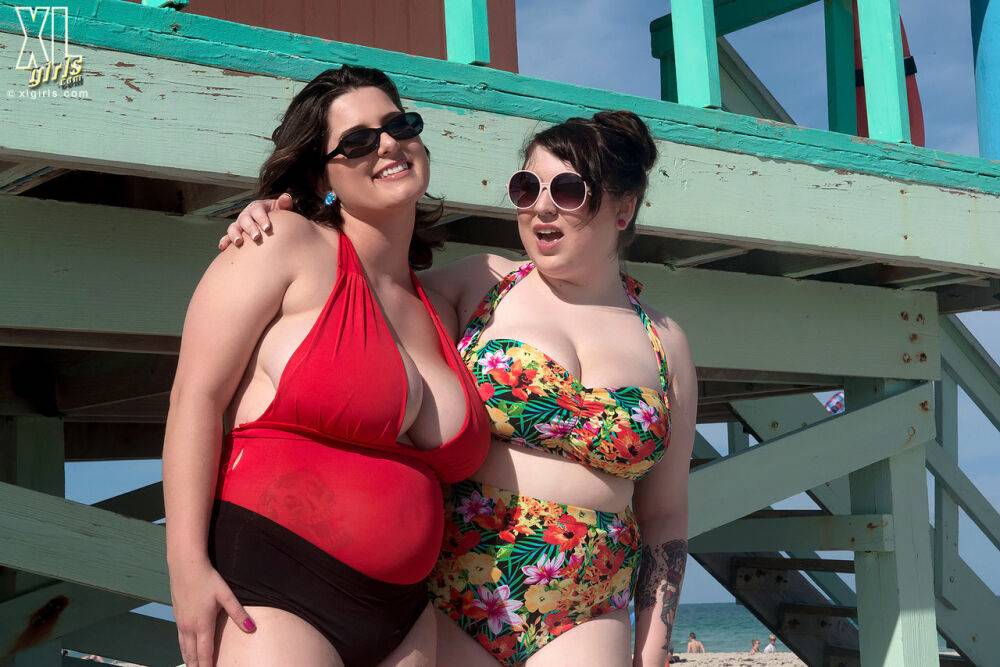 Mature BBW besties take out their massive big tits to play at the beach - #11