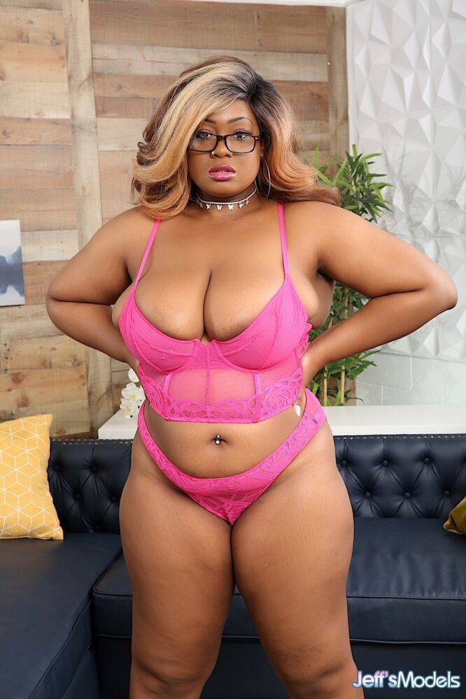 Sexy and big boobed ebony BBW takes off her undies and show her tempting naked - #14