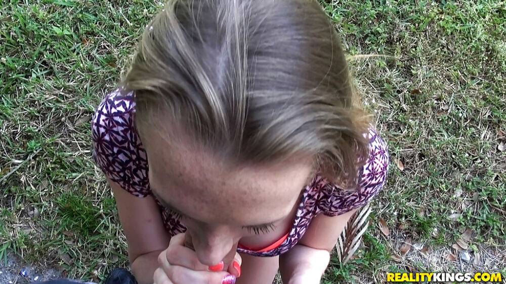 Clothed girl Roxy Nicole giving large dick oral sex on knees outdoors on lawn - #3