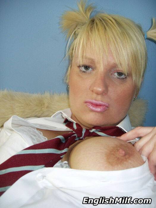 Older UK amateur Daniella English slides panties aside in schoolgirl attire - #14