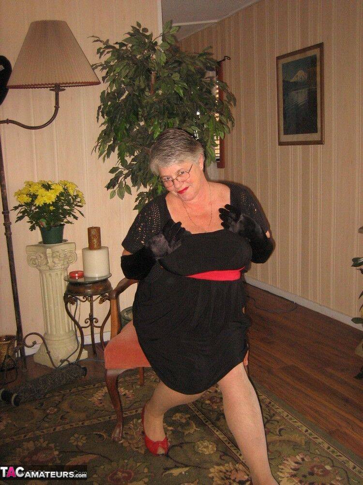 Old fatty Girdle Goddess fondles saggy tits in black velvet gloves and hose - #6