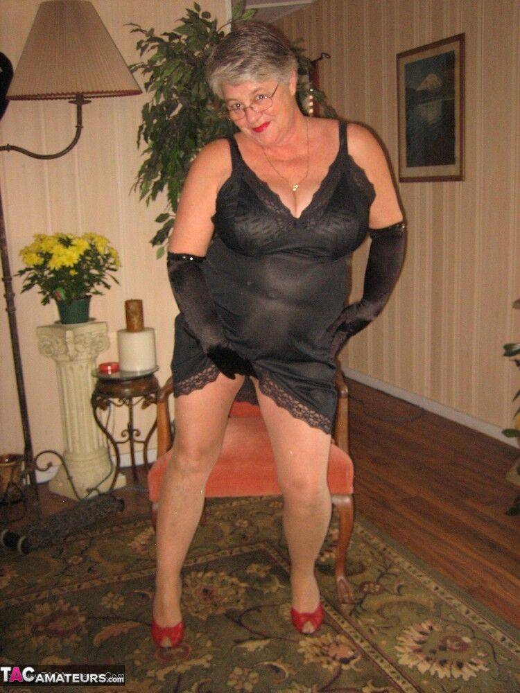 Old fatty Girdle Goddess fondles saggy tits in black velvet gloves and hose | Photo: 4382734