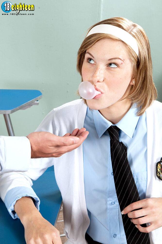 Schoolgirl Ella Woods chews bubblegum while riding her teacher's cock in class - #14