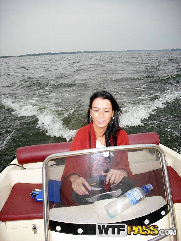 Brunette amateur shows her tits and pussy on a speed boat out on the water - #14