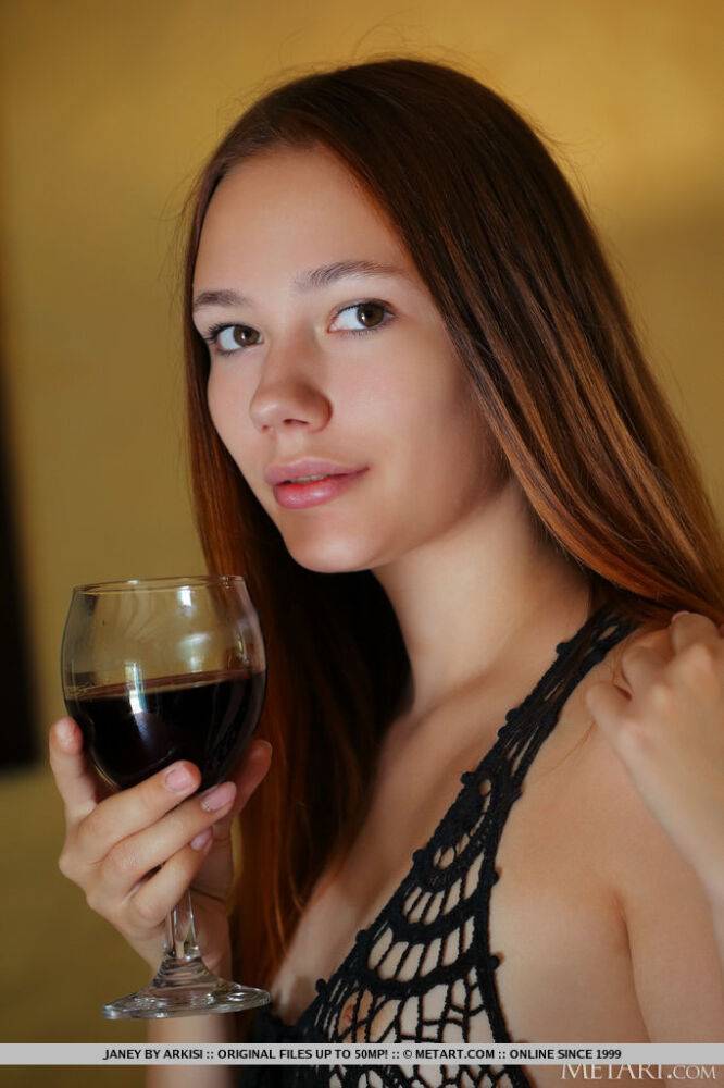 Janey sips s glass of red wine as she takes off her black lace dress, sits on - #14