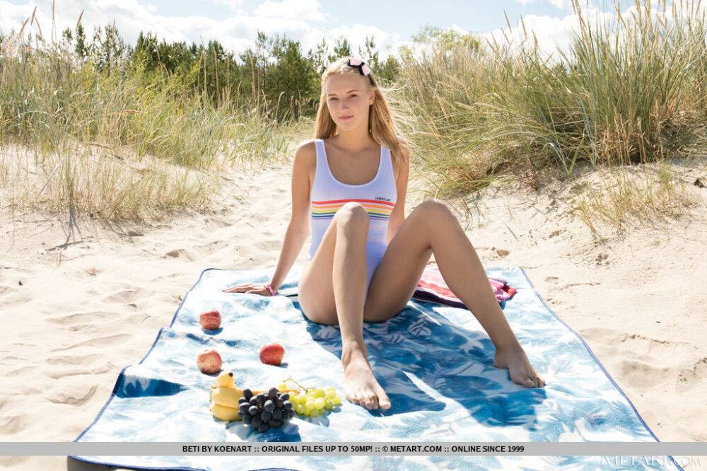 Young blonde Beti reveals her tan lined body on a beach blanket - #8