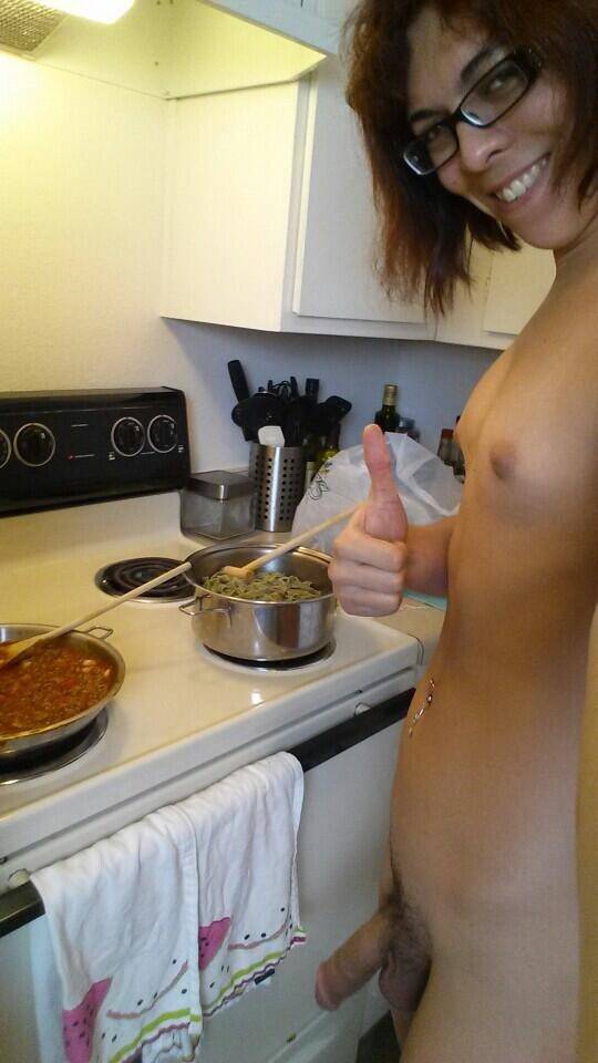 Cute tomboy shemale in random shots including nude cooking, pissing like a girl - #7