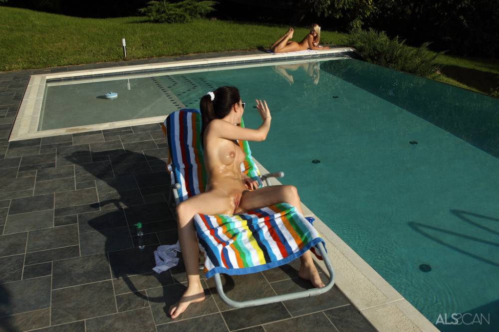 Gracile hungarian youthful Ann Marie La Sante in beautiful bikini jerking off near the pool - #14