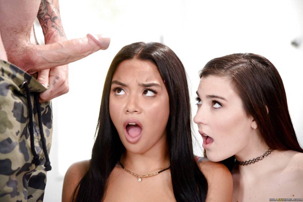 Slim girls Jenna Reid and Maya Bijou blows on huge dick and gets a cum blast on faces - #5