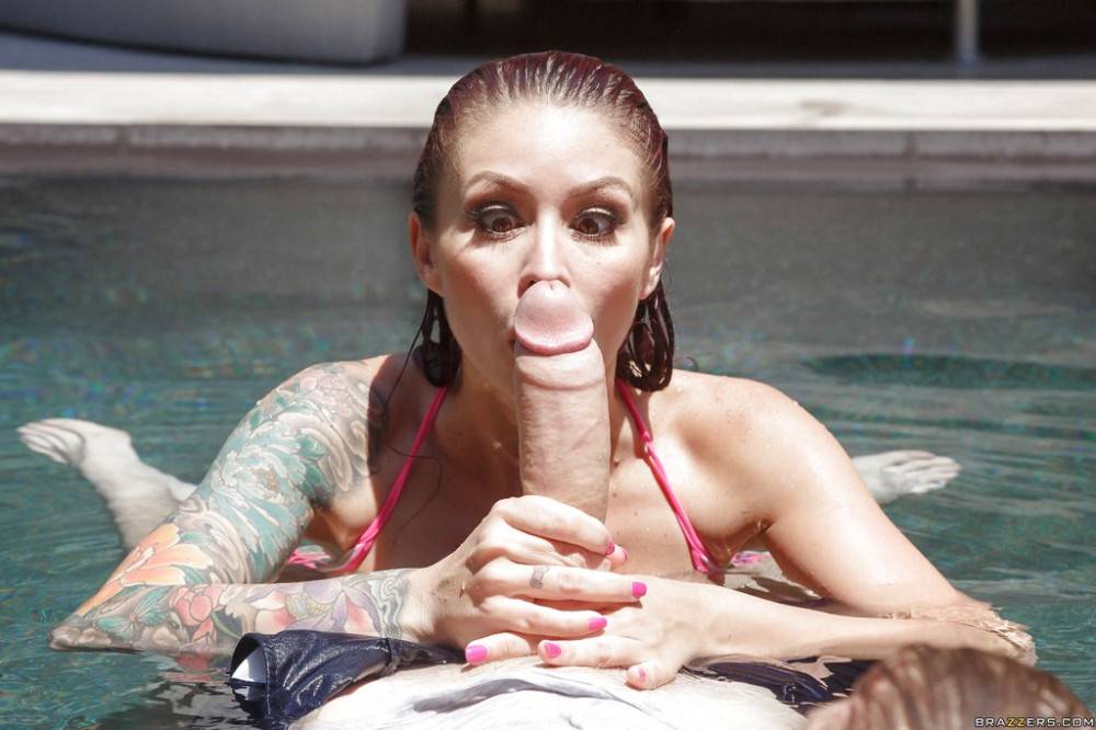 Adorable american red-haired milf Monique Alexander robbing on big cock and gets a cum blast in mouth near the pool - #2