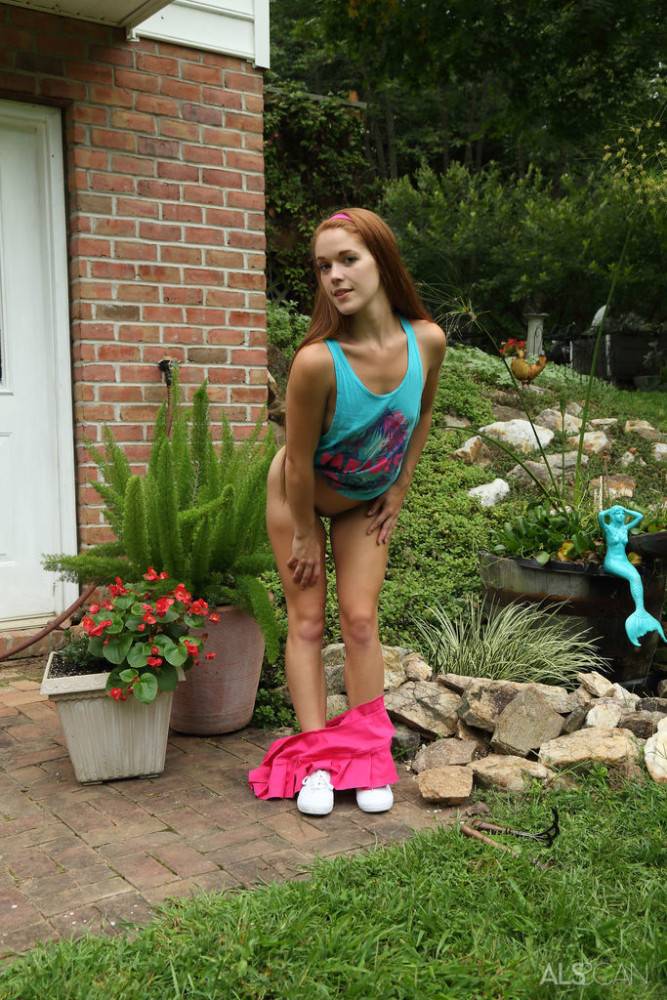 Hot redhead teen Kymberly Brix in sexy skirt exhibits tiny tits and toys her cunt outdoor - #7