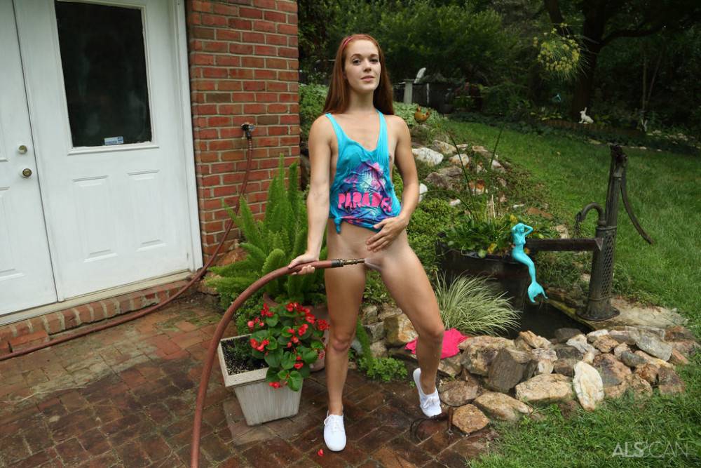 Hot redhead teen Kymberly Brix in sexy skirt exhibits tiny tits and toys her cunt outdoor - #16