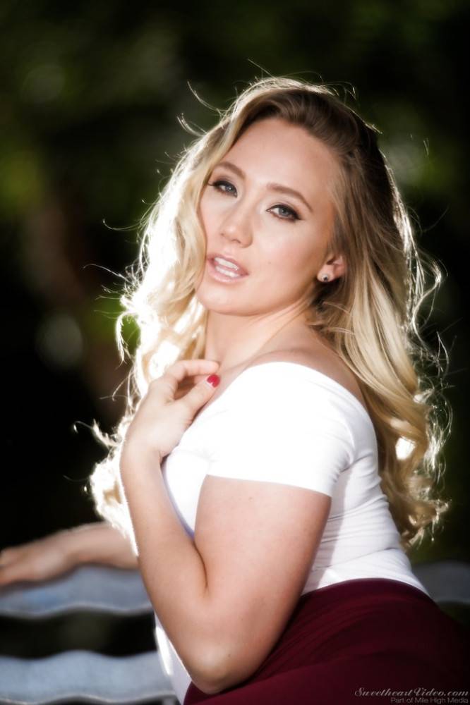 Sylphlike american blonde porn star Aj Applegate shows tiny tits and spreads her legs outdoor - #1