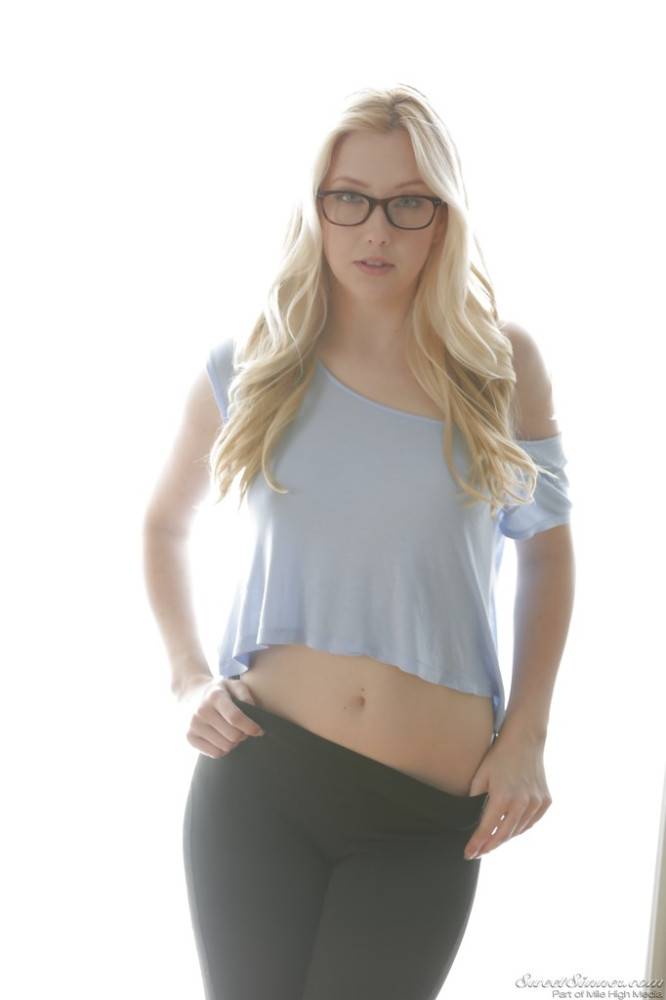 Sexy american blonde young Samantha Rone in sexy glasses revealing small tits and cute pussy - #1