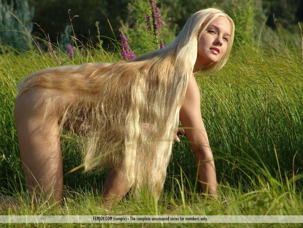 The Seducing Blonde Bimbo Desire A Is Naked On All Fours Among The Flowers Of The Meadow - #3