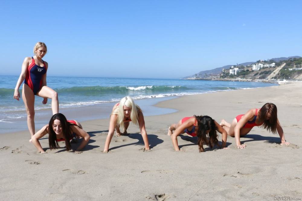 Sexy girls Kagney Lynn Karter, Kayla West, Layla Price and Marley Blaze enjoying amazing lesbian groupsex on the beach - #7