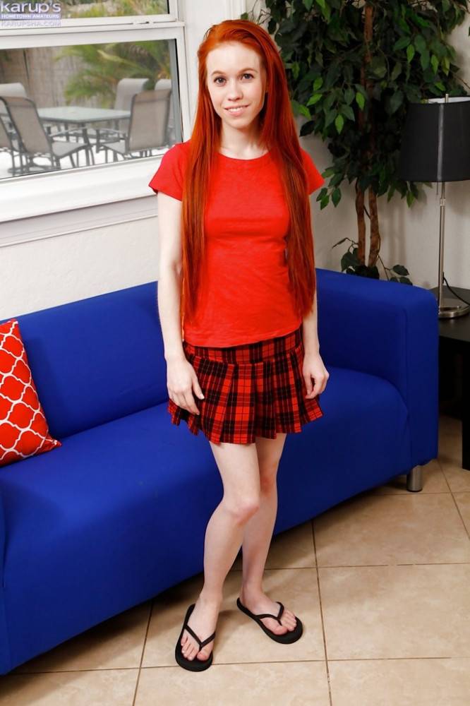 Hot american redhead teen Dolly Little in skirt revealing small tits and jerking off - #1