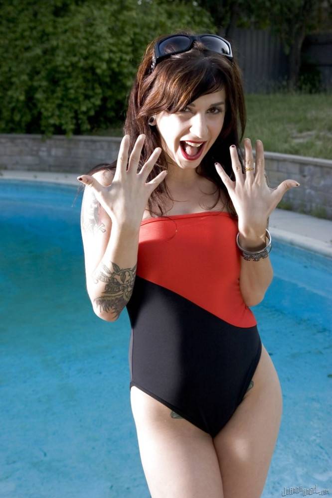 Hot american dark-haired milf Joanna Angel exposing big tits and vagina at pool - #1