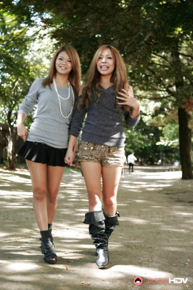 Amazing girls Tsubasa and Kanon in shorts enjoy some playful lesbian foreplay outside - #11