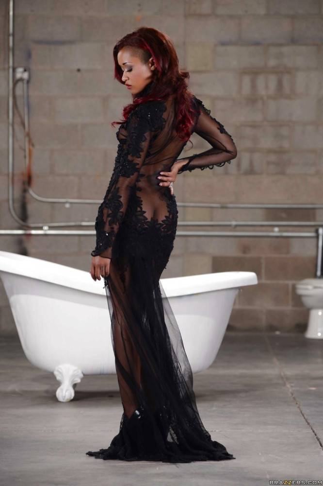 Sexy american red-haired porn star Skin Diamond in sexy skirt reveals her butt and jerks off in the bathroom - #1