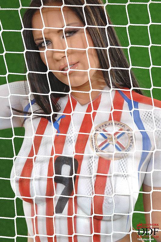 European Babe Veronica Da Souza In Painted Soccer Uniform Poses With A Ball - #8