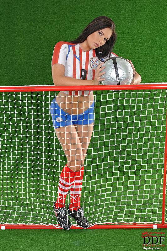 European Babe Veronica Da Souza In Painted Soccer Uniform Poses With A Ball - #7