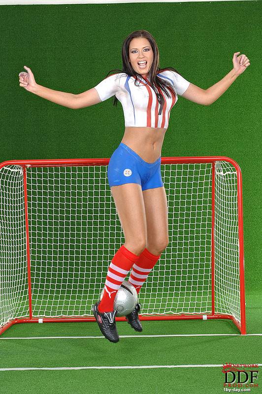 European Babe Veronica Da Souza In Painted Soccer Uniform Poses With A Ball - #2