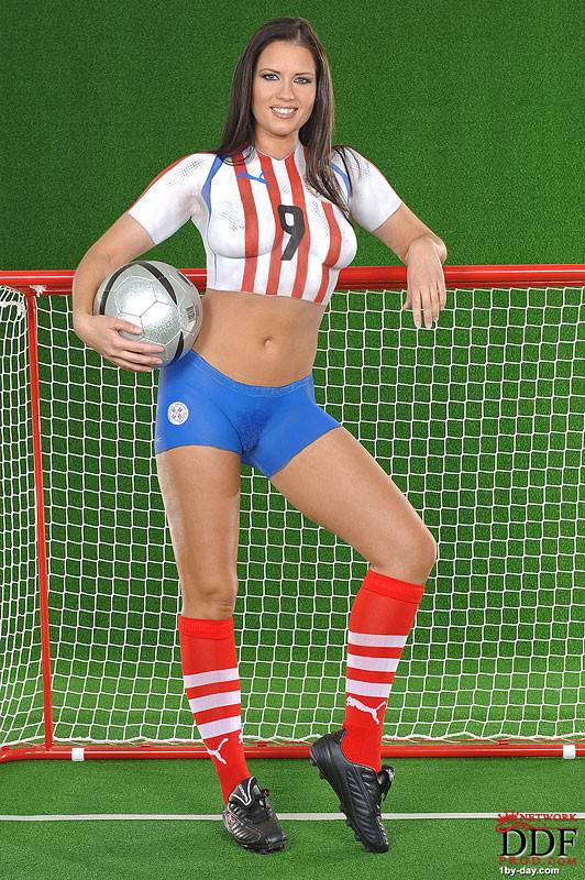 European Babe Veronica Da Souza In Painted Soccer Uniform Poses With A Ball - #1