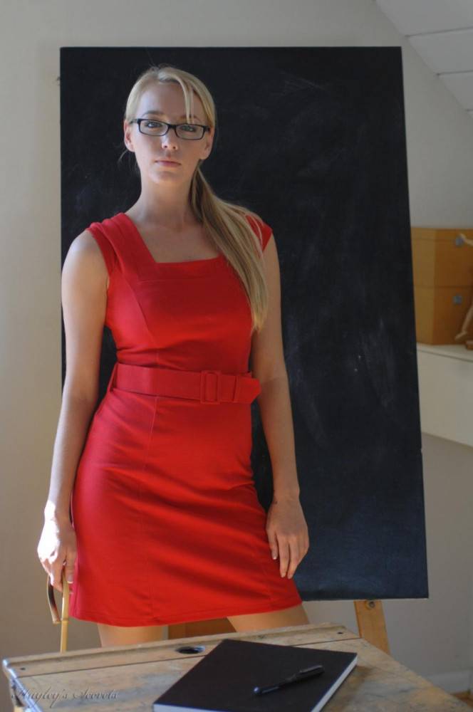 Horny Blonde Teacher Hayley-Marie Coppin Strips Her Red Dress And Lingerie In Class - #1