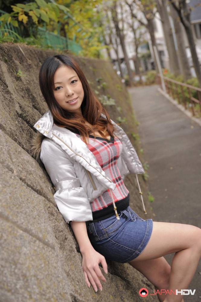 Asian Chick In A Short Jeans Skirt Asuka Is Sexily Posing In The Autumn City - #1