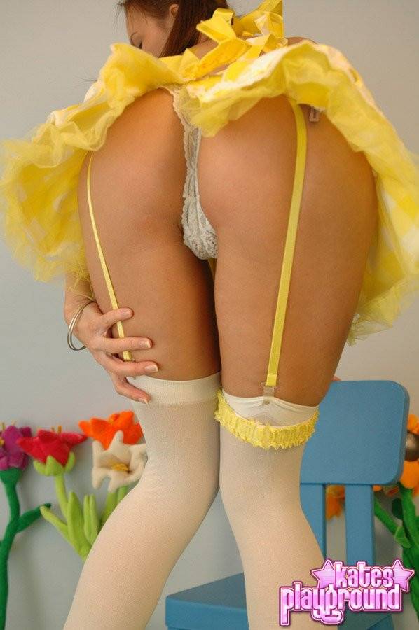 Pigtailed Kitty Kates Playground In Sexy Yellow Suit Flashes Her White Panties. - #6