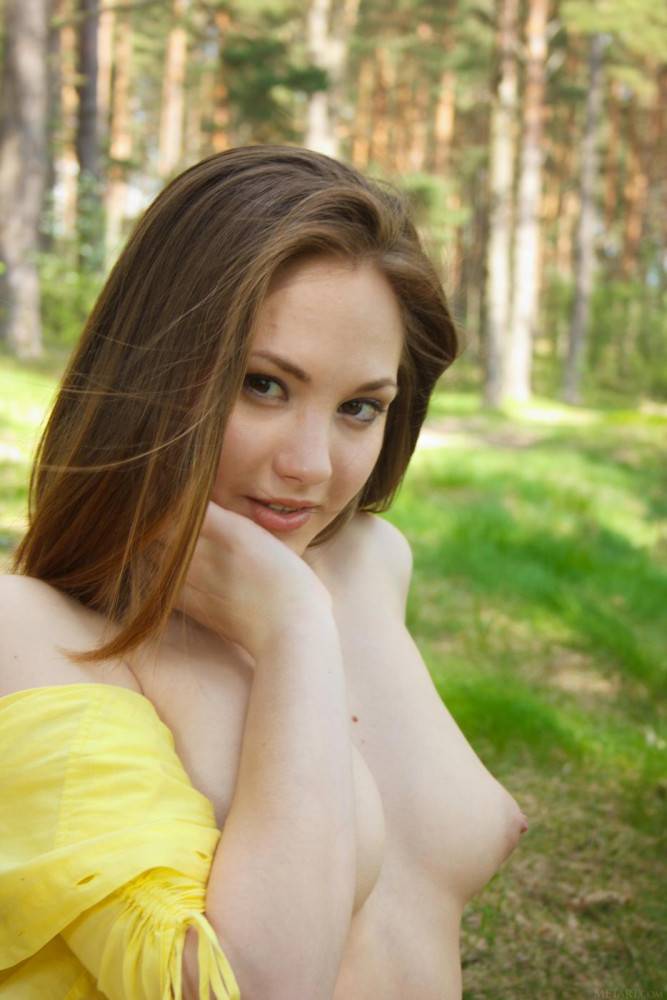 Brunette Teen Ella K Is In The Forest Taking Off The Shorts And Unbuttoning Blouse - #10