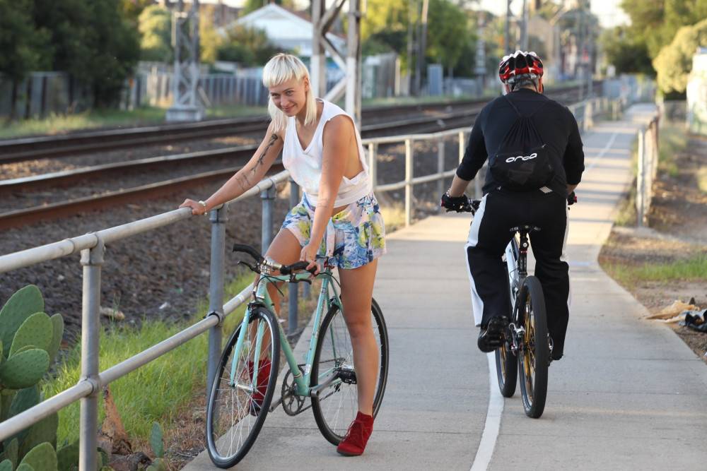 Girl with bleached blonde mullet riding bike with pantyless around town - #4