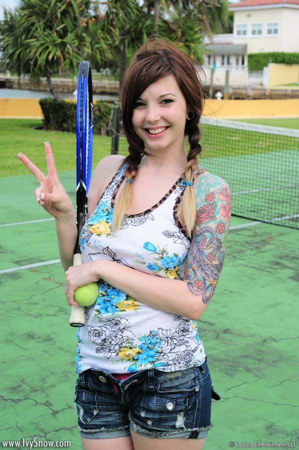 Heavy Chested Pale Brunette Ivy Jean Exposes Her Tattoos On The Tennis Court - #3